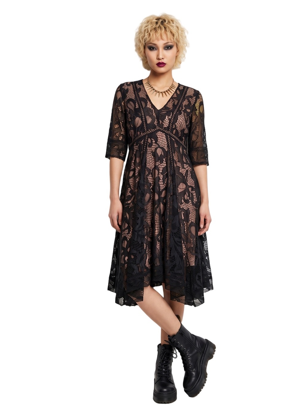 TAYLOR Black Lace Vneck short sleeve Fit and flare midi dress Pink lining SIze 6 - Picture 11 of 14